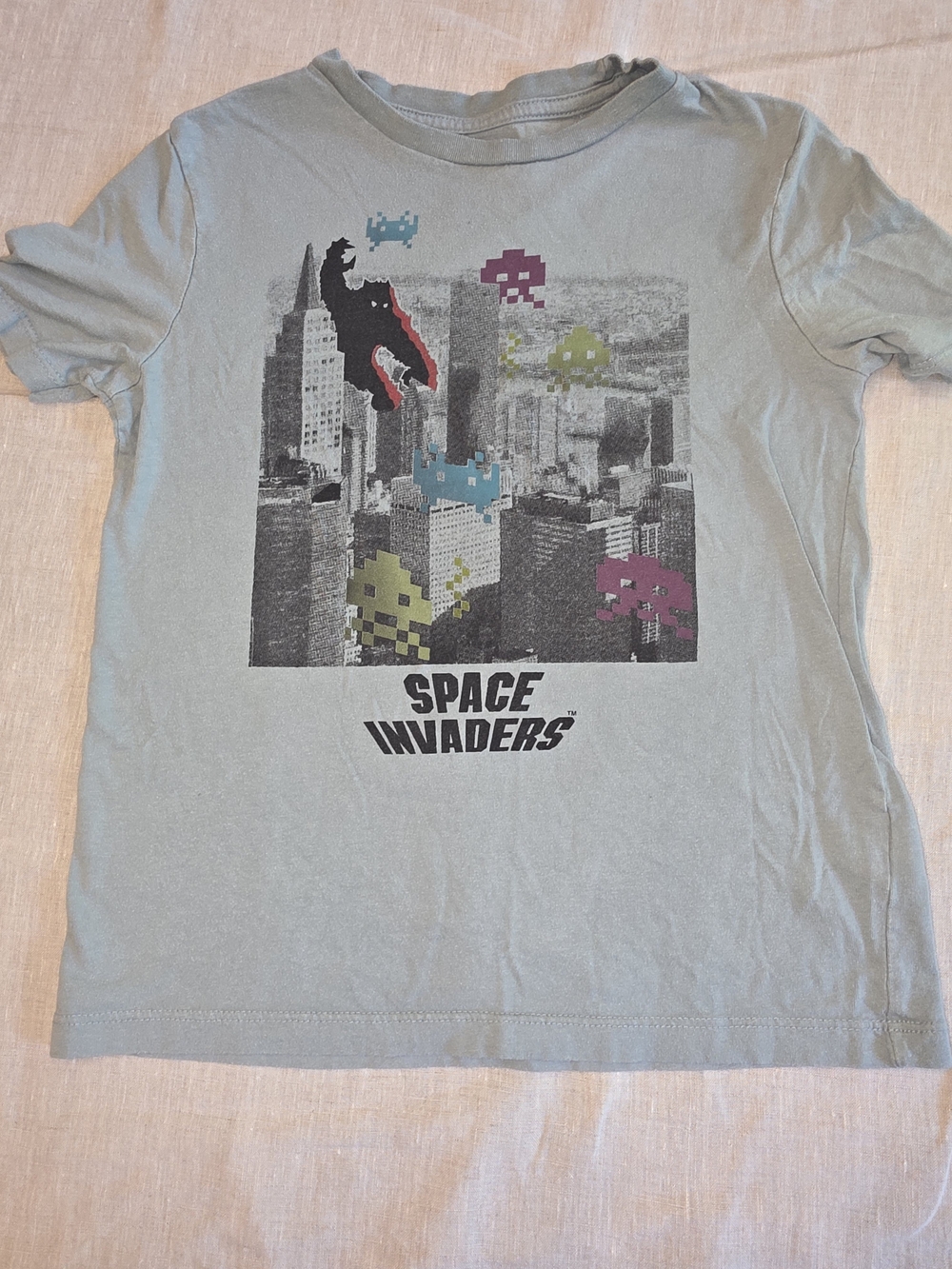 Tai Light Blue Space Invaders Graphic Tee with Multicolor Characters